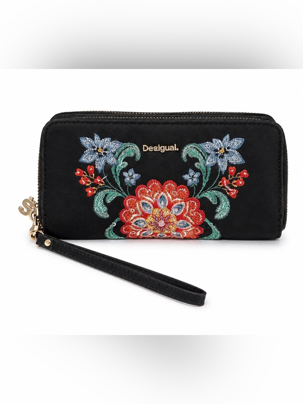 Desigual Black Embroidered Floral Zip-Around Wristlet Wallet